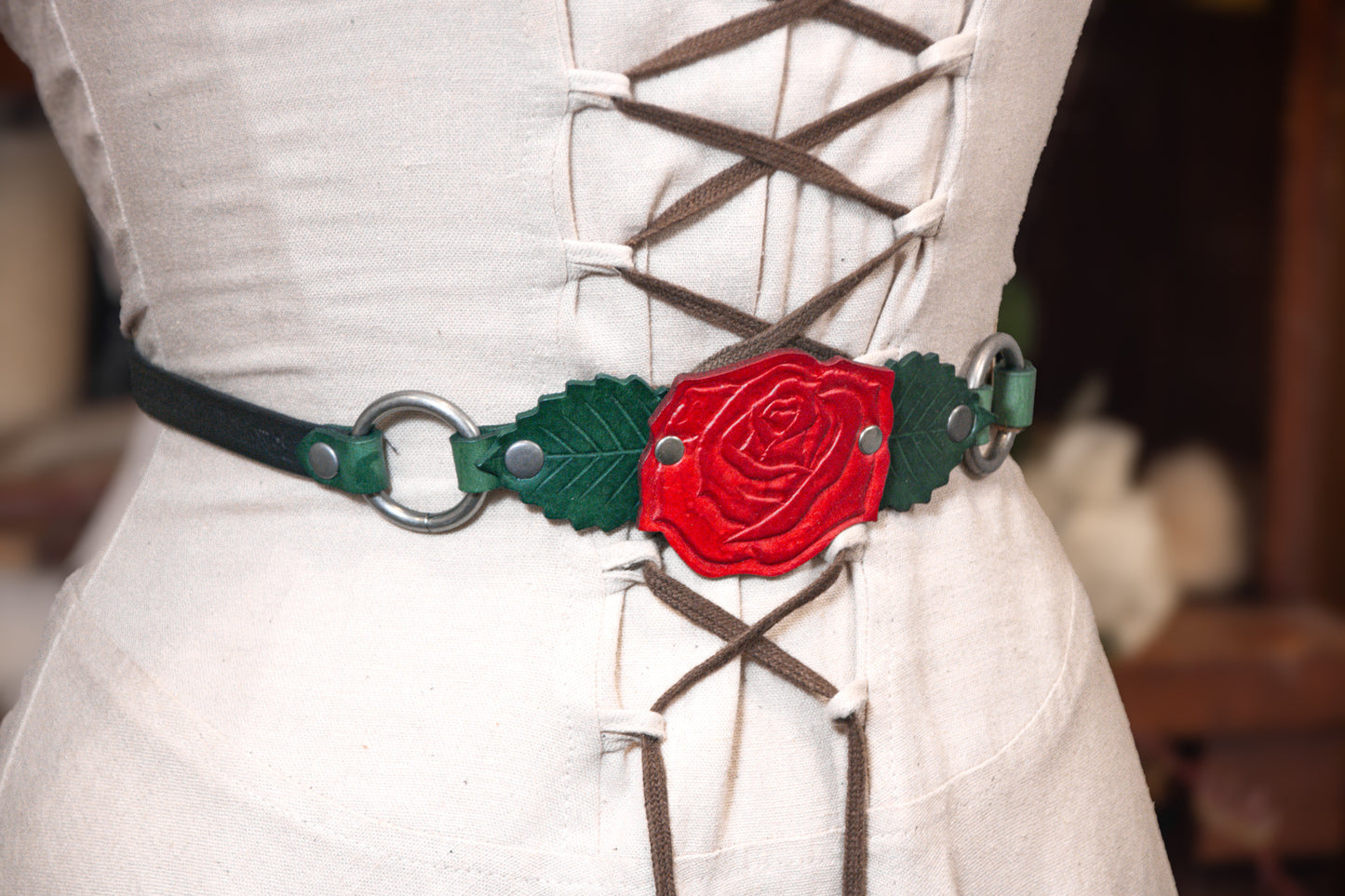 Briar Rose Belt with Red Rose, Green Leaves and Black Belt with Antique Silver Hardware