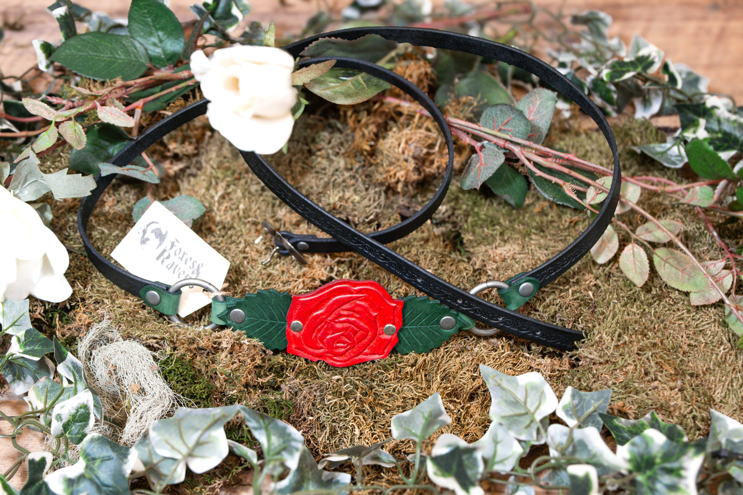 Briar Rose Belt with Red Rose, Green Leaves and Black Belt with Antique Silver Hardware