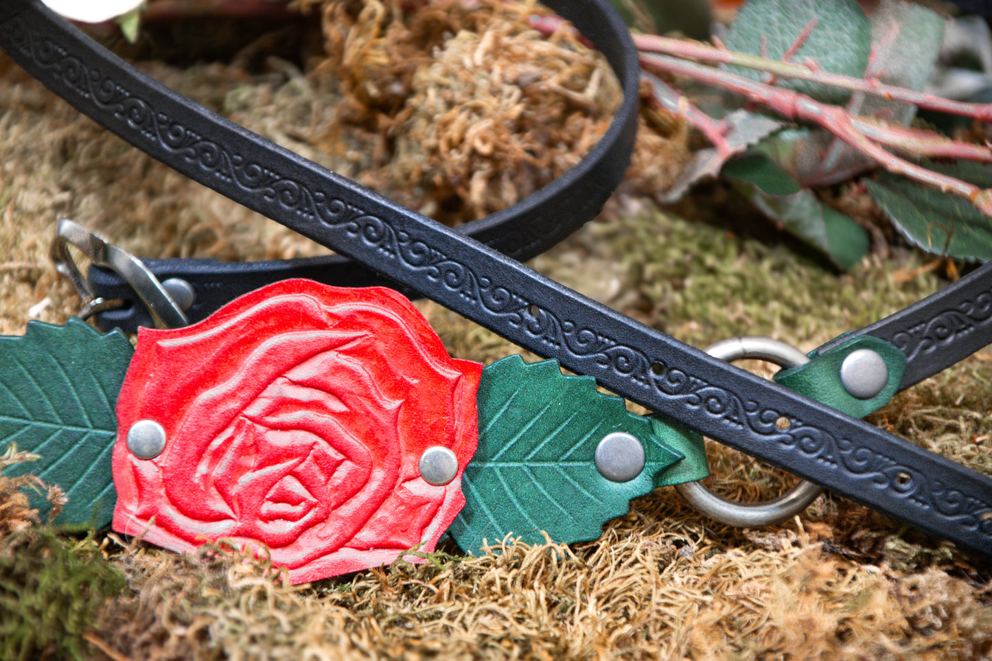 Briar Rose Belt with Red Rose, Green Leaves and Black Belt with Antique Silver Hardware