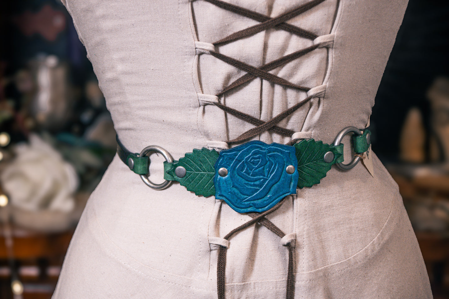 Briar Rose Belt with Blue Rose, Green Leaves and Black Belt with Antique Silver Hardware