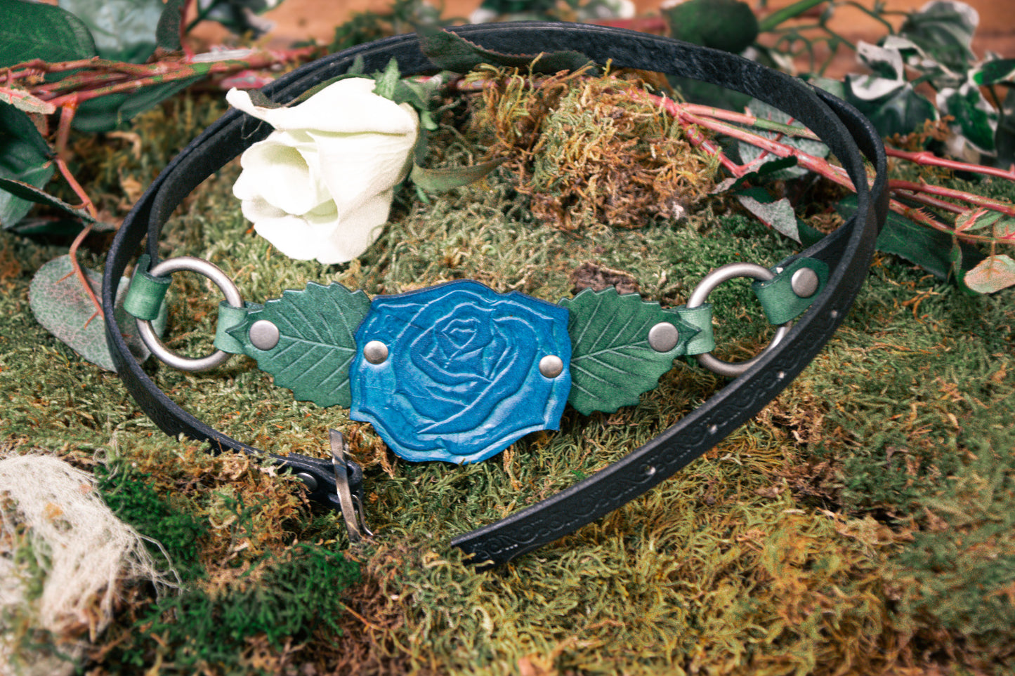 Briar Rose Belt with Blue Rose, Green Leaves and Black Belt with Antique Silver Hardware