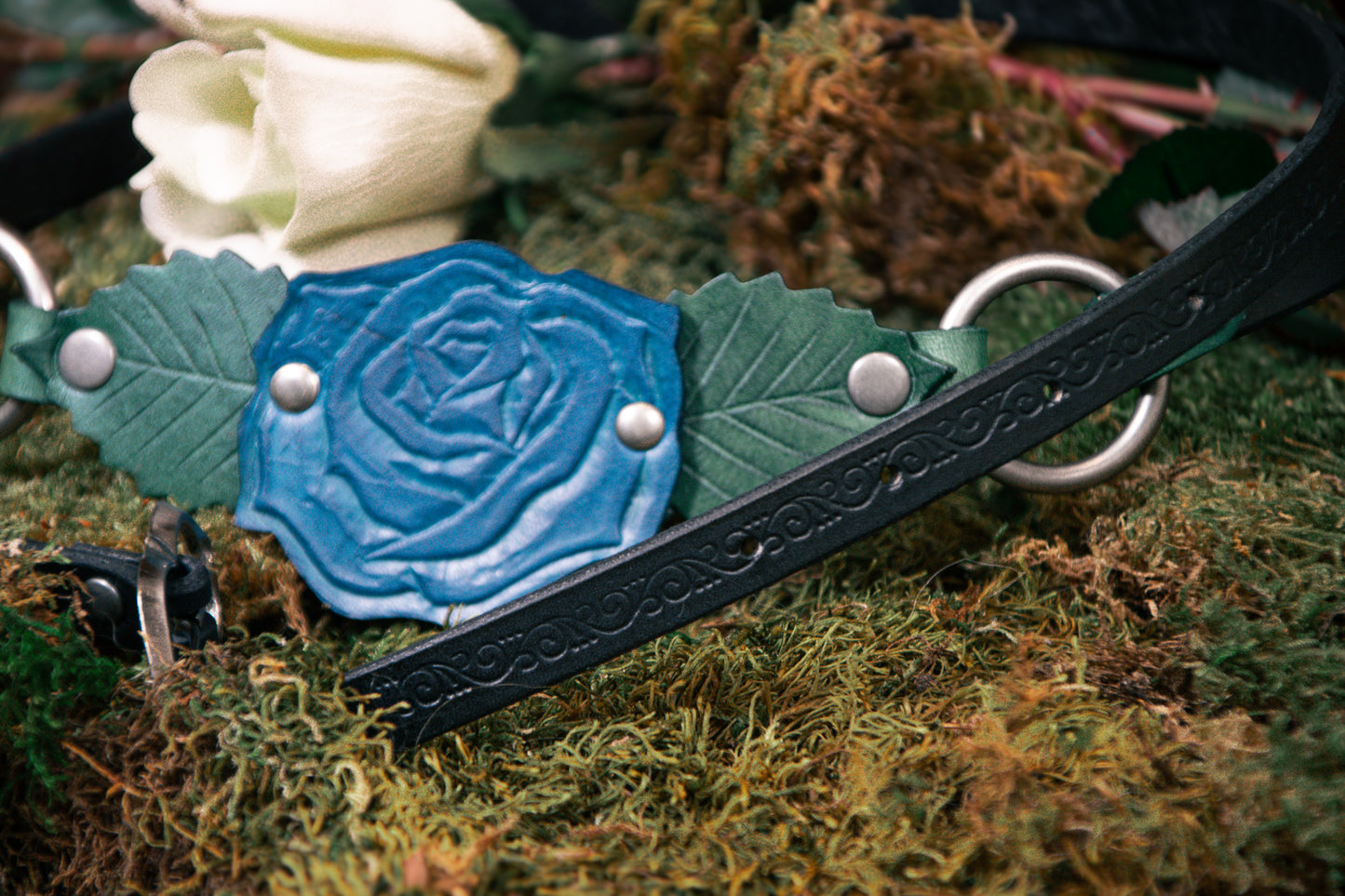 Briar Rose Belt with Blue Rose, Green Leaves and Black Belt with Antique Silver Hardware