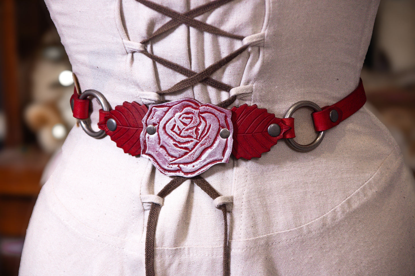 Briar Rose Belt with Silver Rose and Red Belt with Antique Silver Hardware