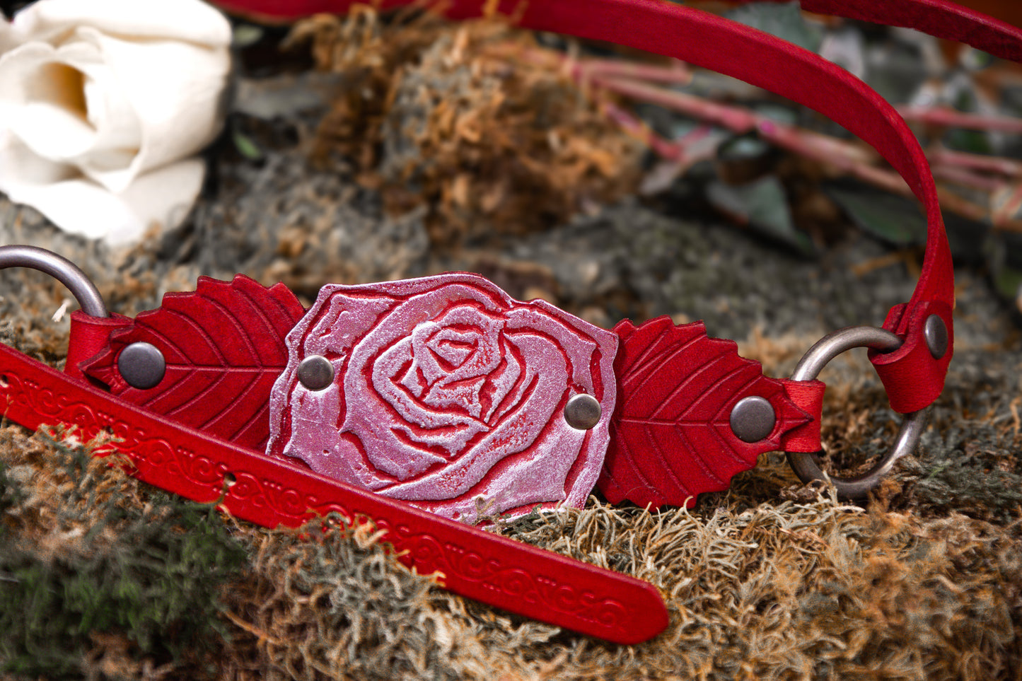 Briar Rose Belt with Silver Rose and Red Belt with Antique Silver Hardware