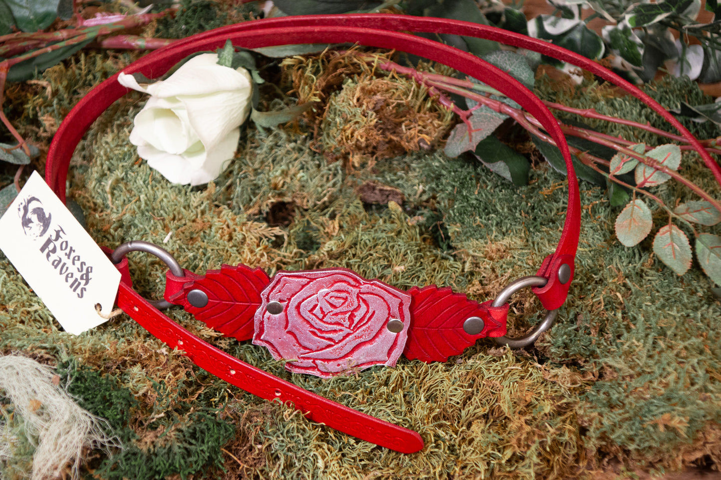 Briar Rose Belt with Silver Rose and Red Belt with Antique Silver Hardware