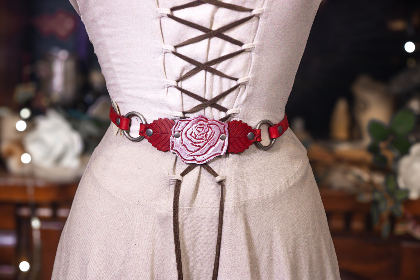 Briar Rose Belt with Silver Rose and Red Belt with Antique Silver Hardware