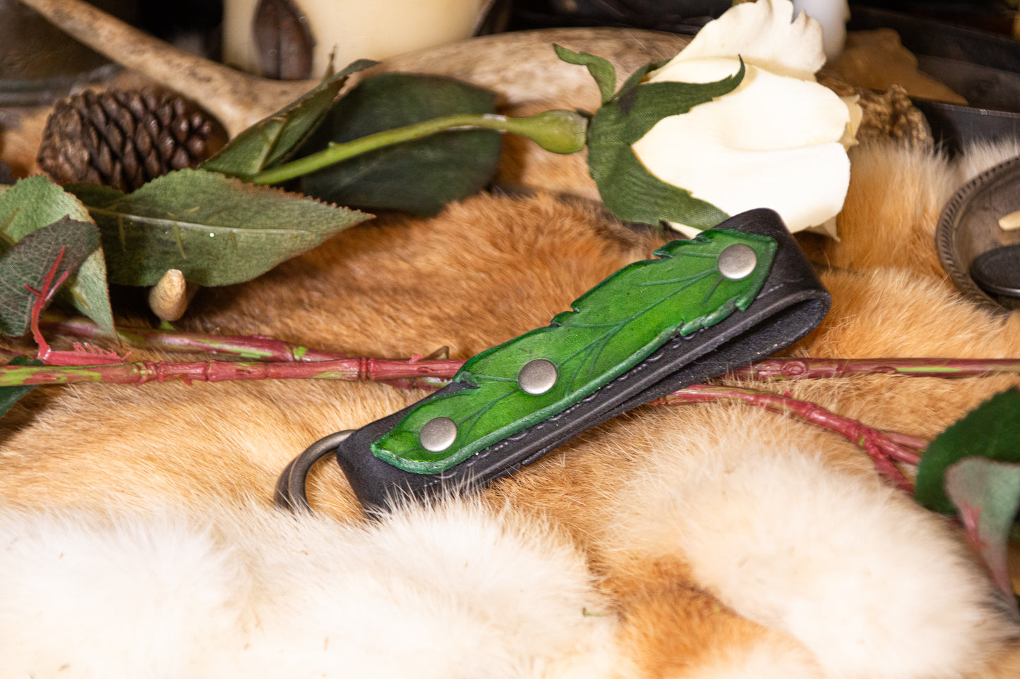 Green and Black Feather Skirt Hike with Antique Silver Metal Hardware