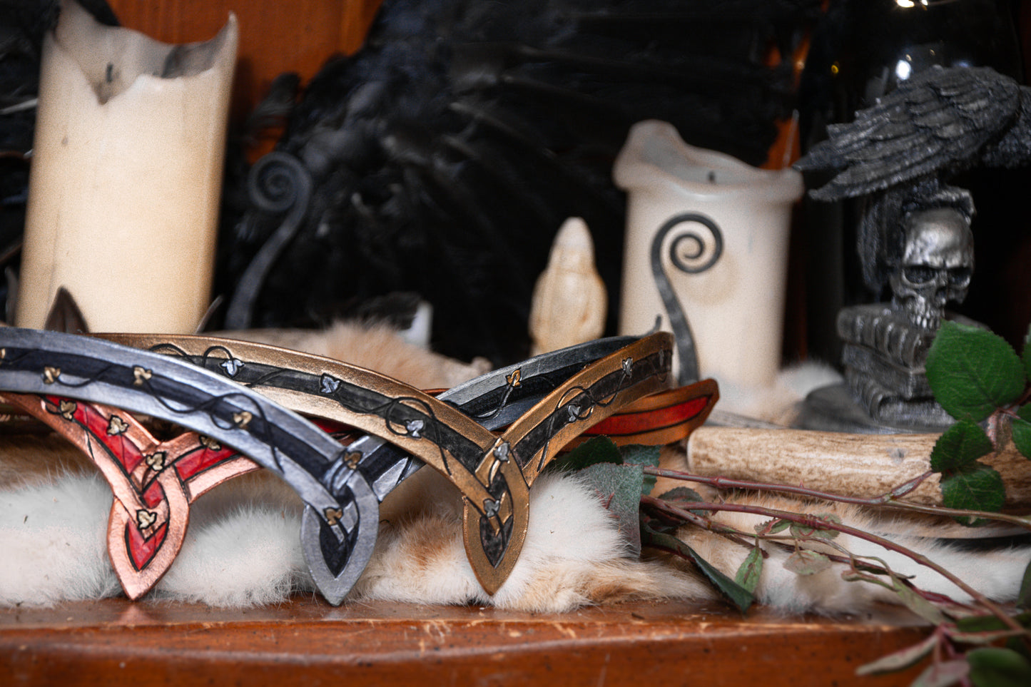 Red Elven Tiara with Copper Knotwork and Golden Leaves