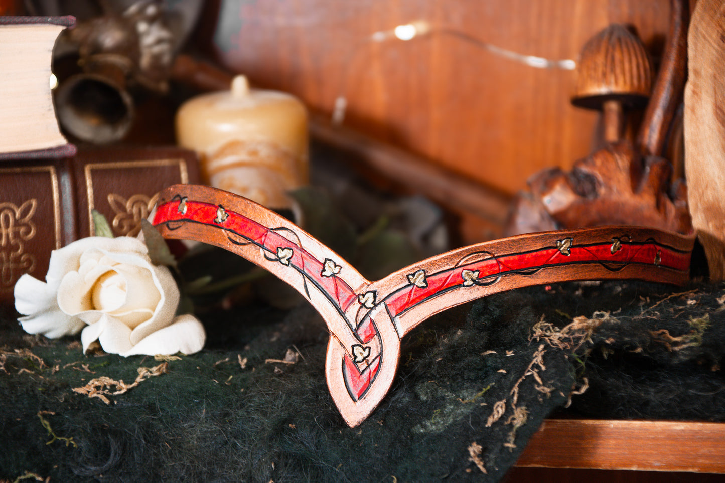 Red Elven Tiara with Copper Knotwork and Golden Leaves