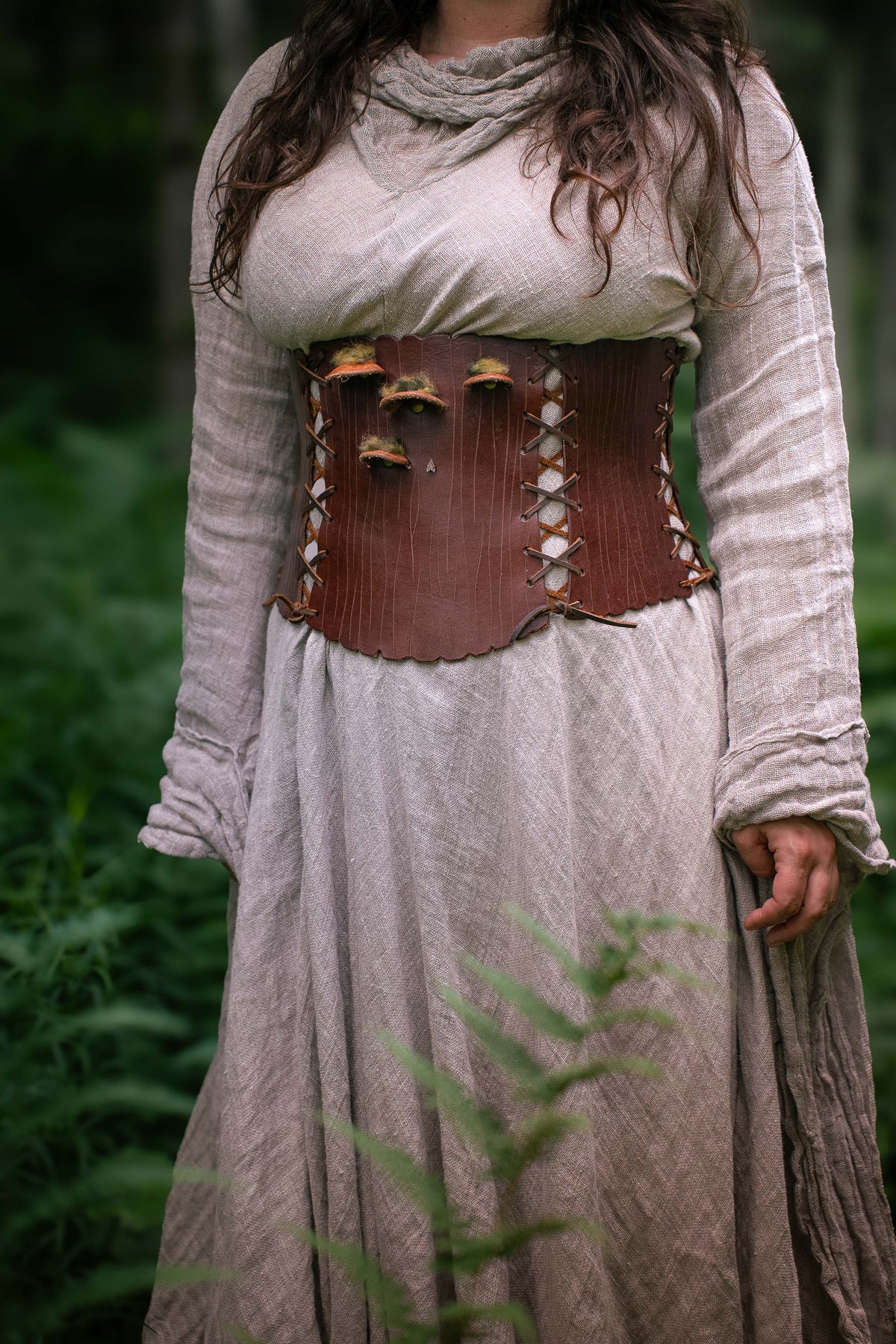 Ready to Ship Dryad Seven Panel Corset Brown with Mushrooms